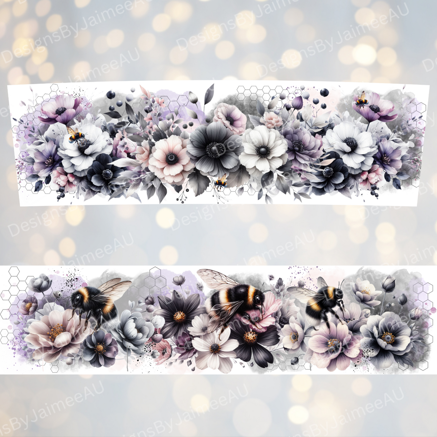 Black and White Bees and Flowers with pops of Purple- Digital 20oz Tumbler with Handle Wrap Design