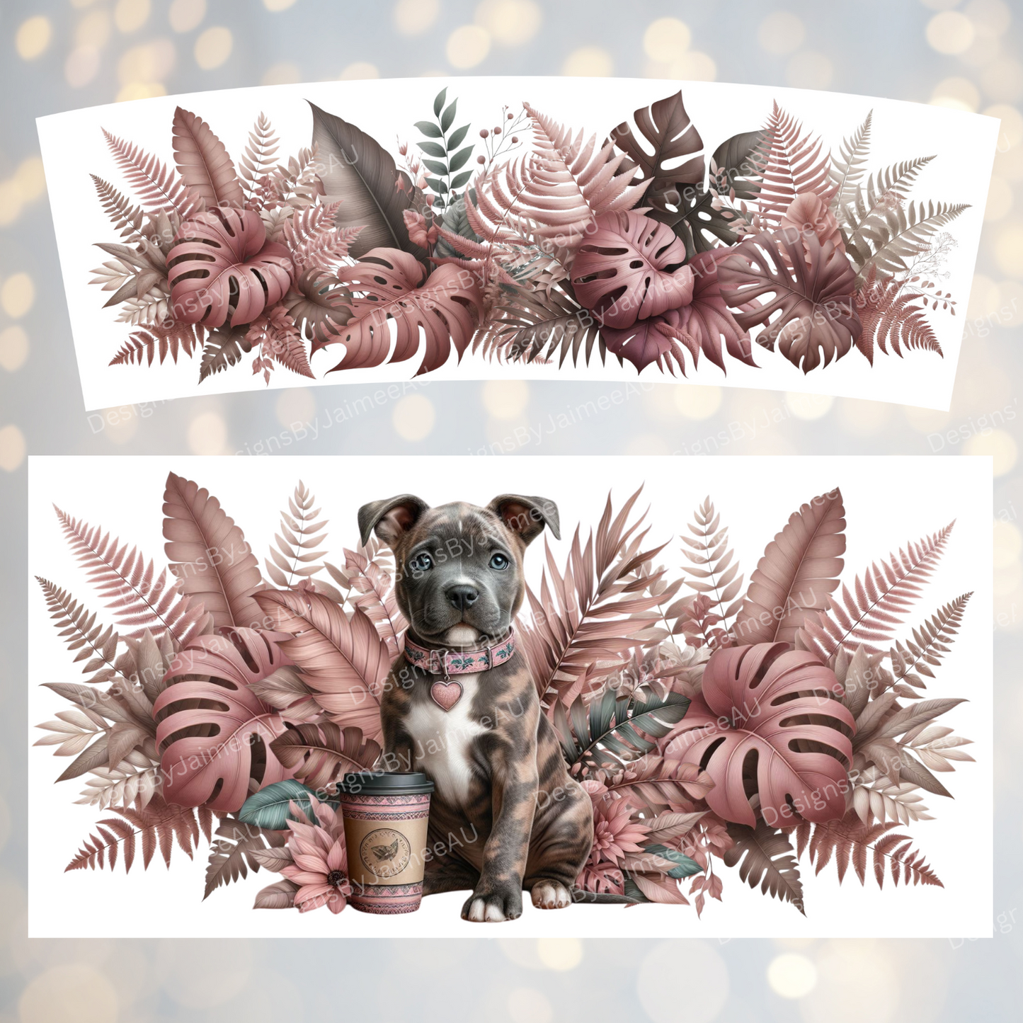 Dusty Pink and Browns "Staffy Mama" Merle Staffy (Staffordshire Bull Terrier) 40oz Digital Sublimation Tumbler Wrap