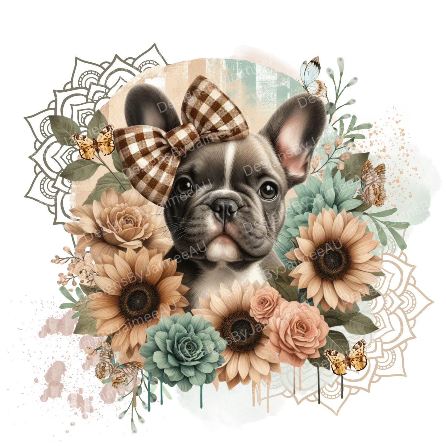 Vintage floral Frenchie Digital DTF Transfer PNG Image