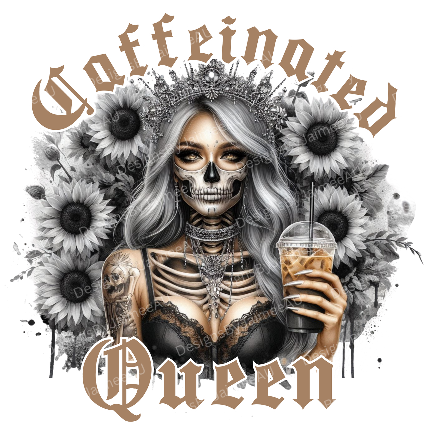 Black and White "Caffeinated Queen" Skeleton Woman Digital DTF Transfer PNG Image
