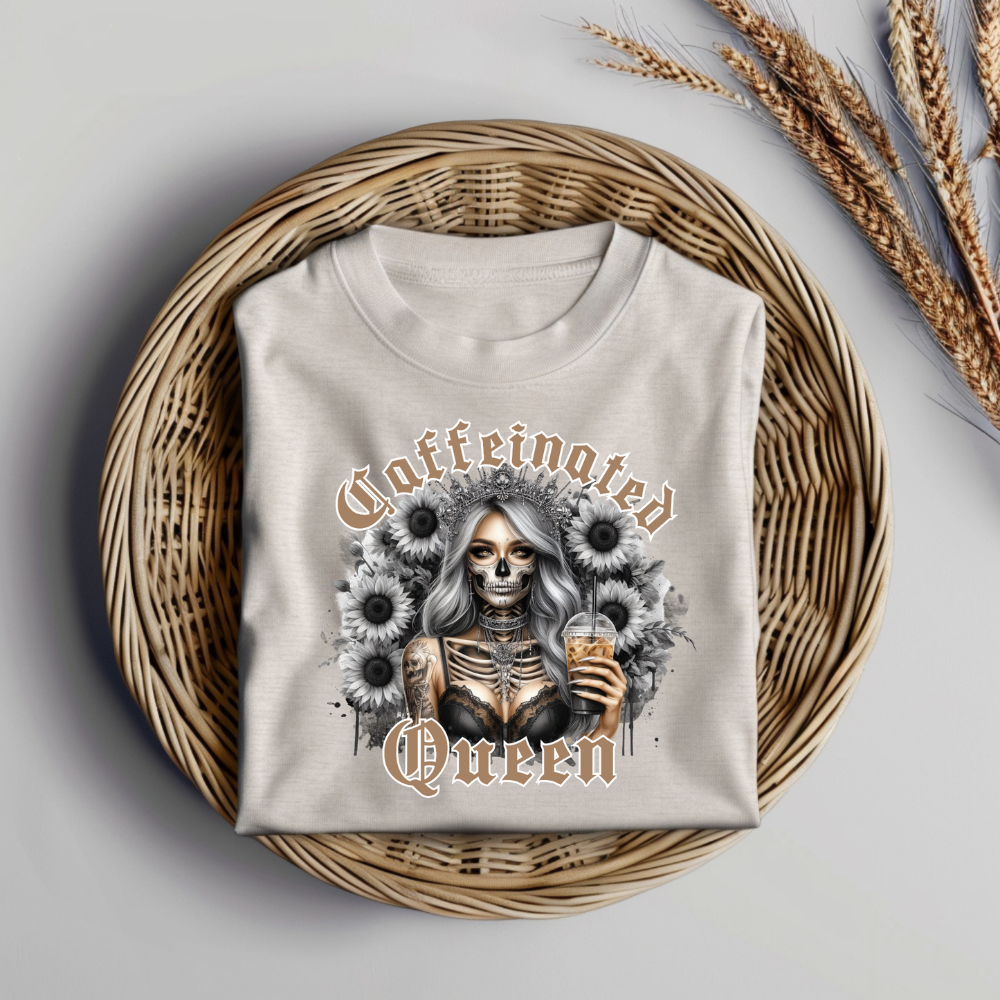 Black and White "Caffeinated Queen" Skeleton Woman Digital DTF Transfer PNG Image