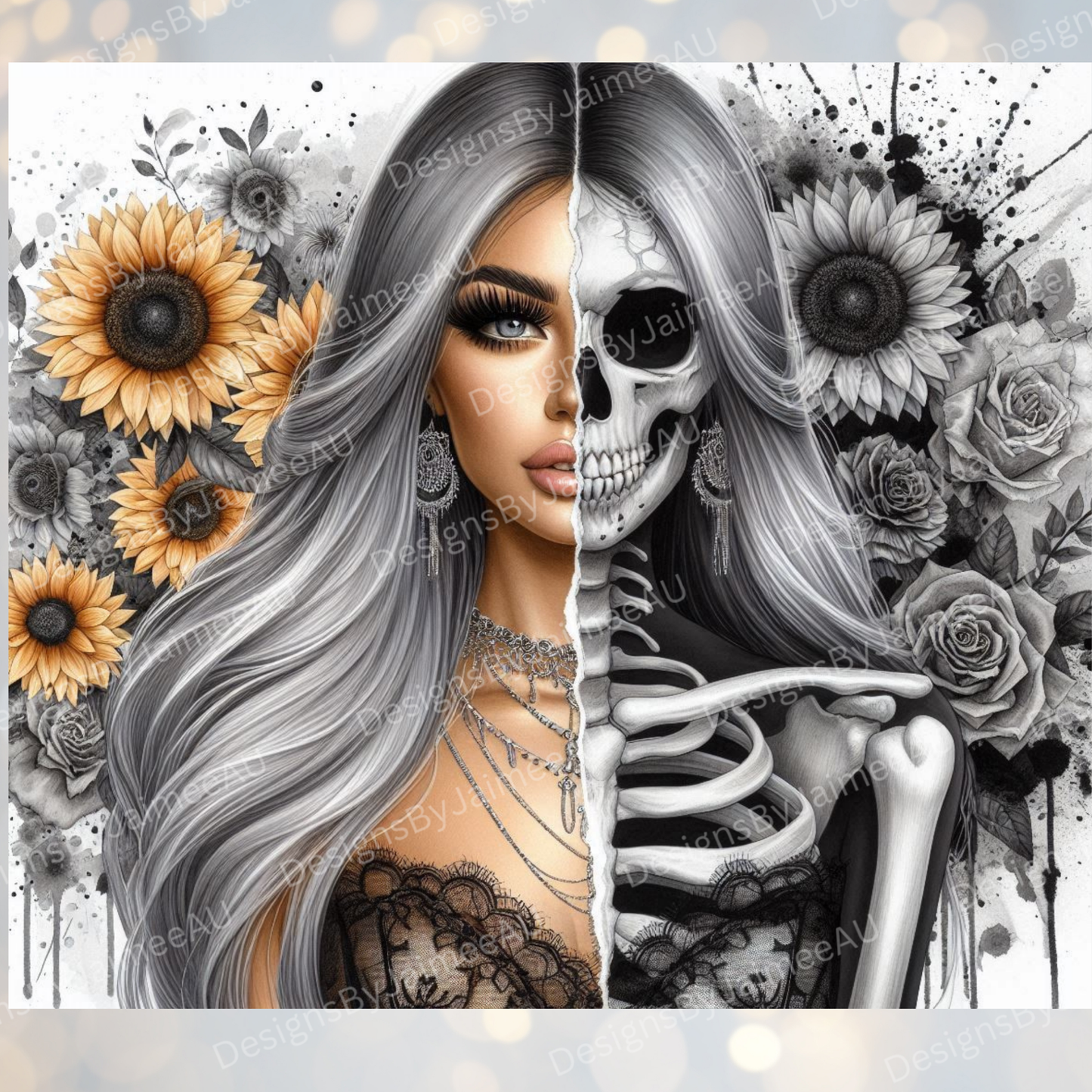 Sunflowers Watercolour Skeleton Woman Digital 20oz Sublimation Tumbler Wrap