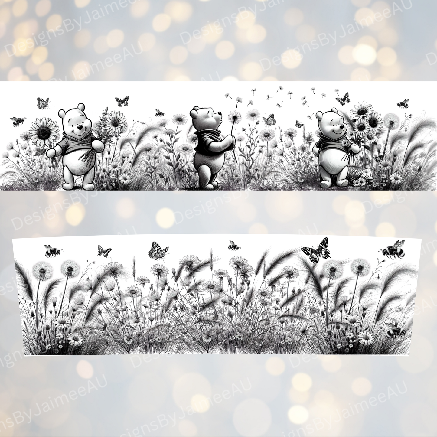 Springtime - Winnie The Pooh -Black and White Line Drawing- Digital 20oz Tumbler with Handle Wrap Design