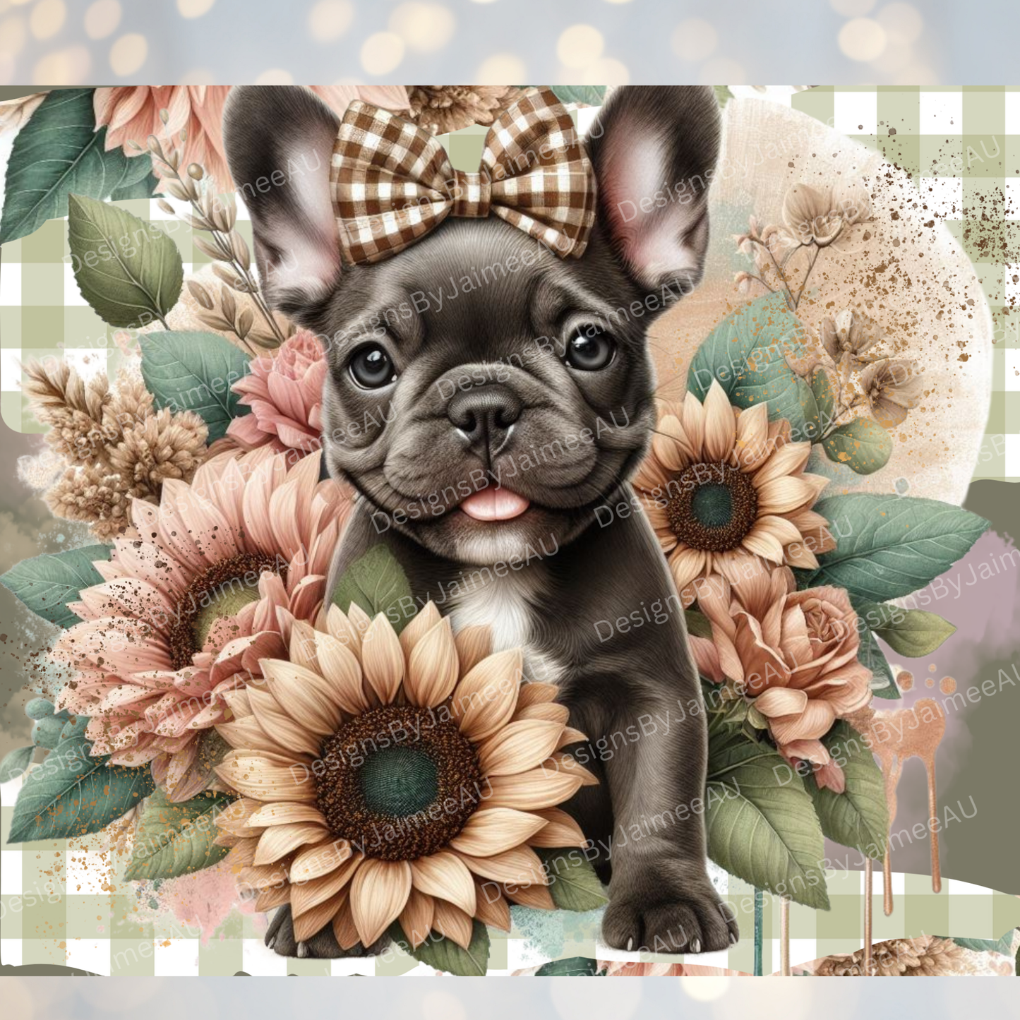 Sage Green Gingham French Bulldog Digital 20oz Sublimation Tumbler Wrap