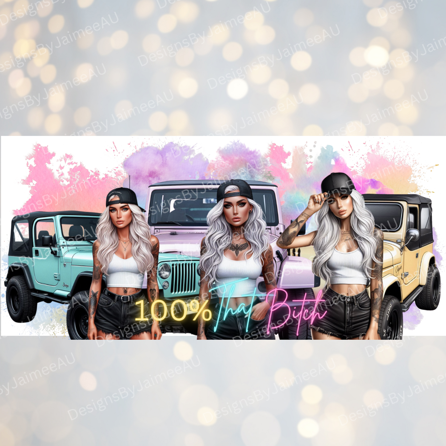 Vibrant Pastel Watercolour Jeep Girlies #2 Digital 16oz UV DTF Transfer Wrap PNG Image
