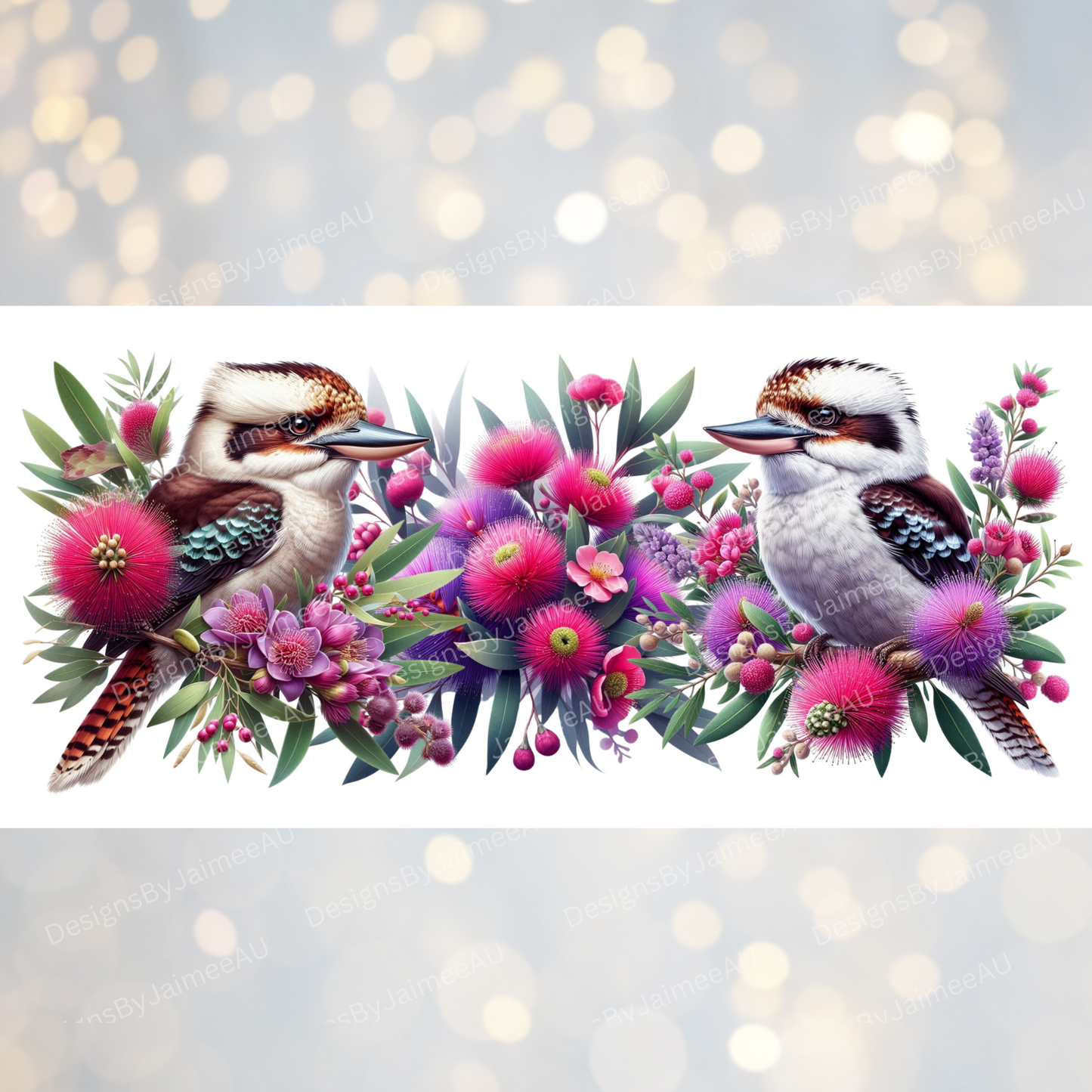 Kookaburras and Aussie Native Flowers Digital Download 16oz UV DTF Transfer Wrap PNG Image