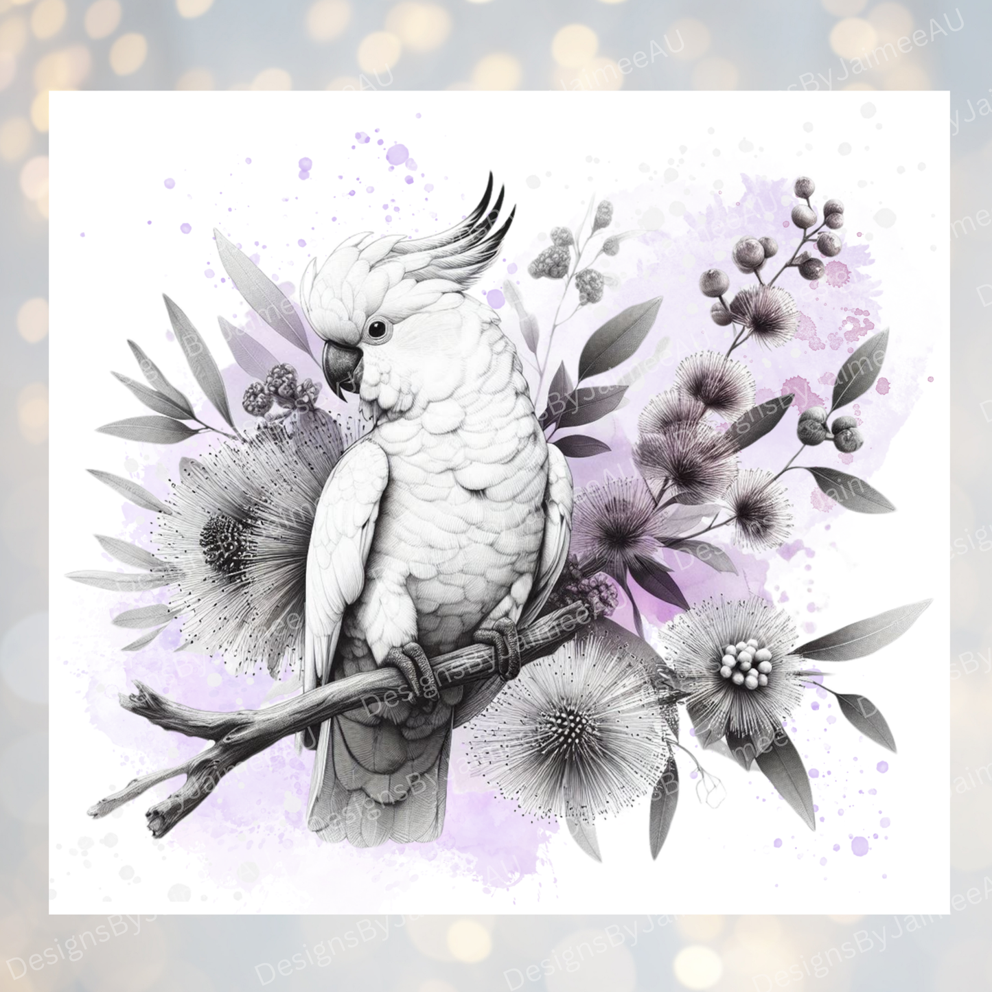 Black and White Cockatoo - Pastel Purple themed - Digital 20oz Sublimation Tumbler Wrap