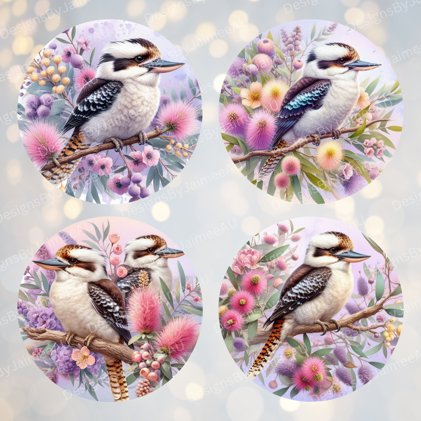 4 Purple Watercolour Kookaburra Digital Sublimation Car Coaster Designs