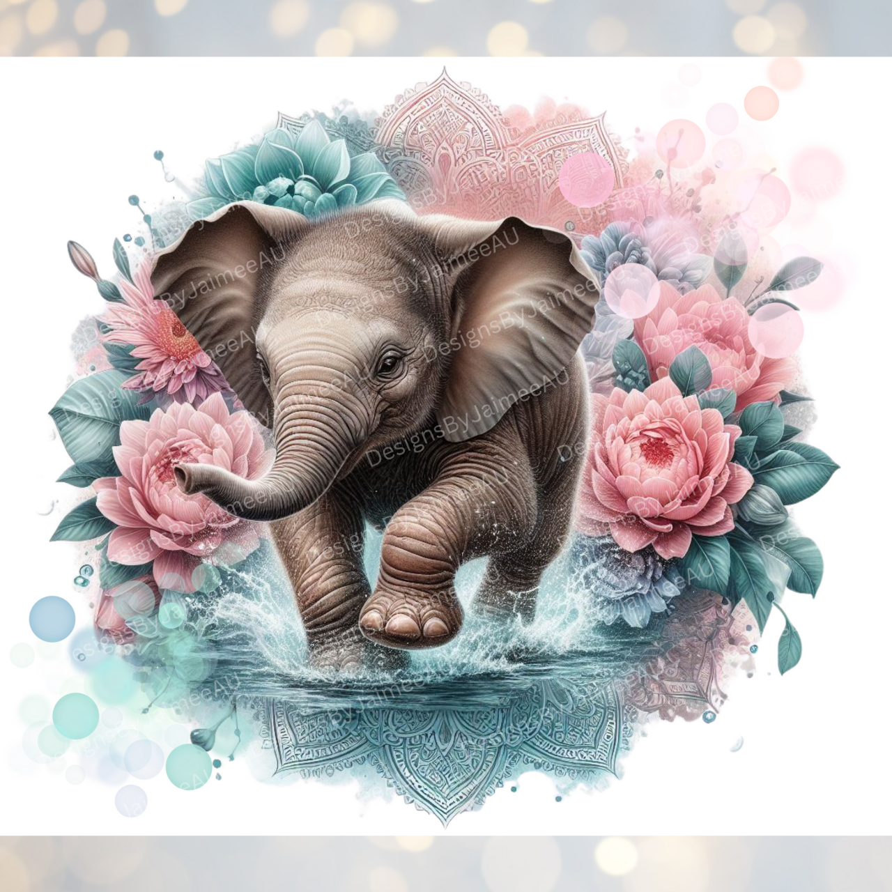 Pink and Aqua WaterColour Baby Elephant Digital 20oz Sublimation Tumbler Wrap