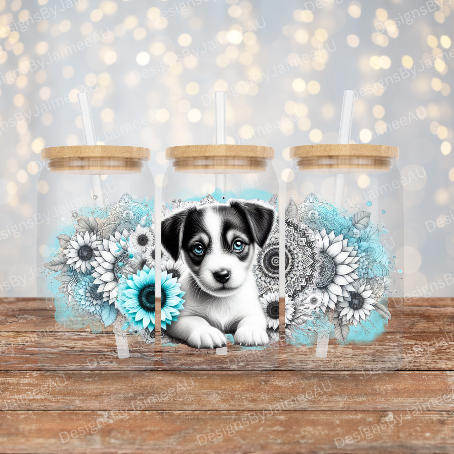 Watercolour Blue, Black and White Jack Russell 16oz UV DTF Transfer Wrap PNG Image