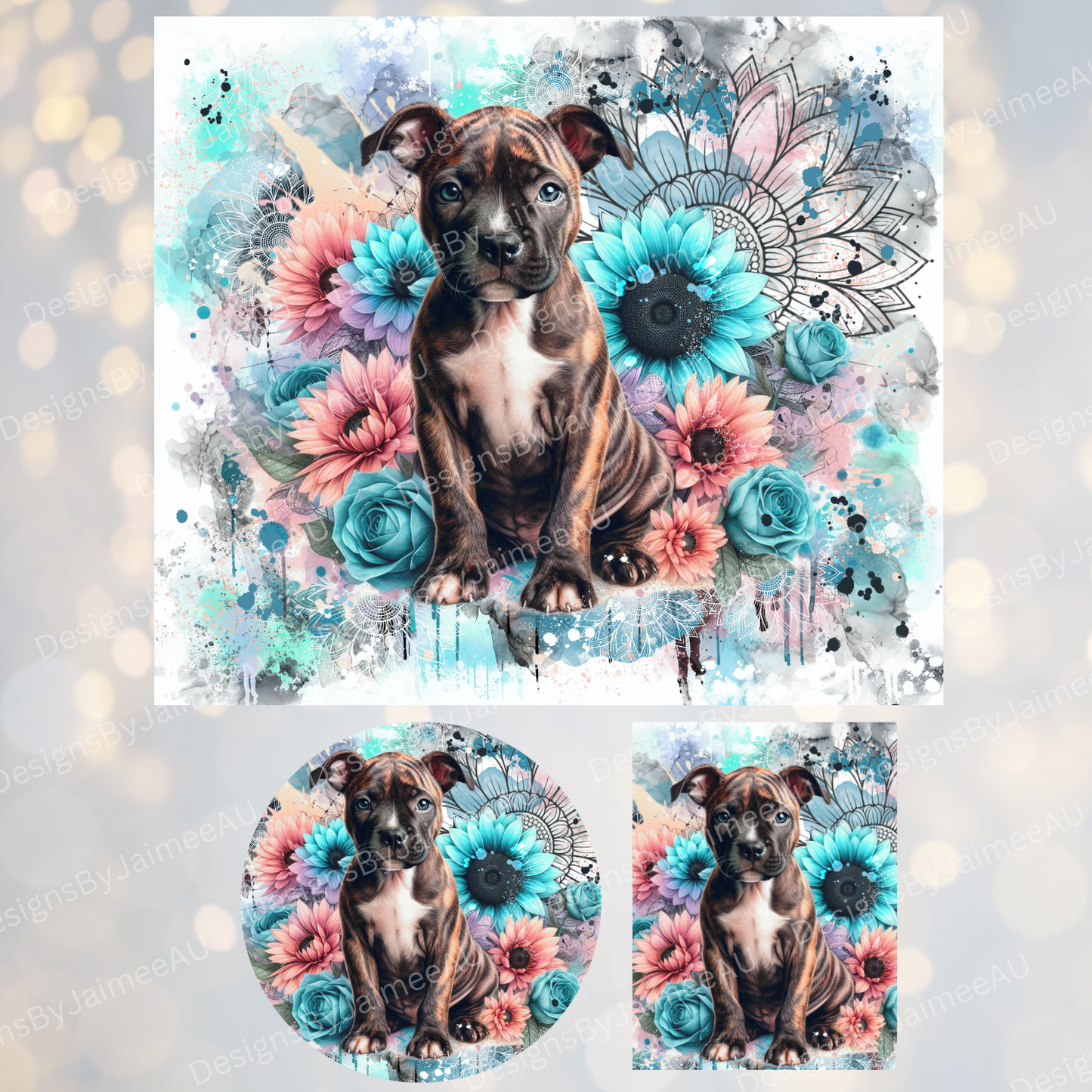 Pastel Watercolour Brindle Staffy #2 - Sunflowers Set - Includes Digital 20oz Sublimation Tumbler Wrap, Car Coaster and Air Freshener Designs