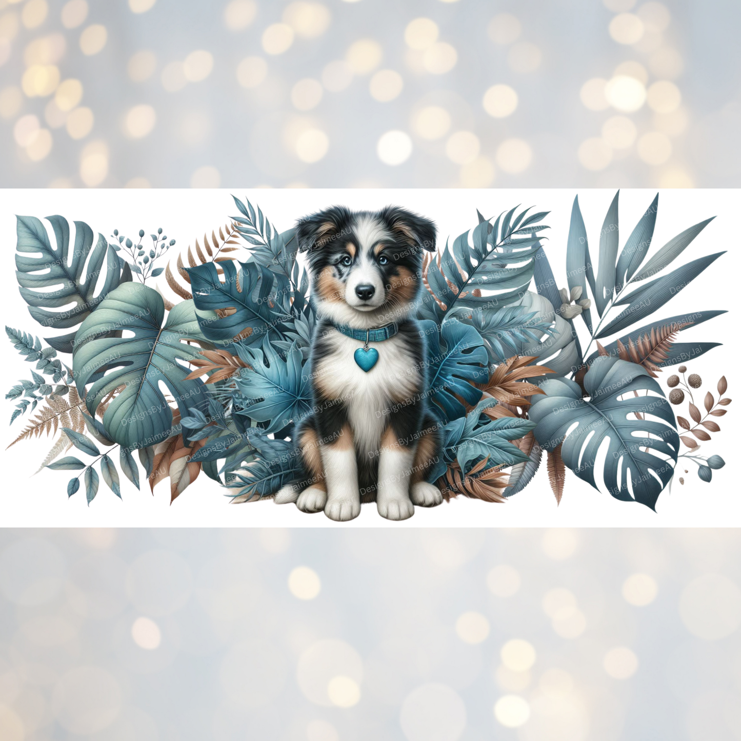 Black, White and Tan Kelpie Puppy - Tropical Teal Earthy Vibes Digital Download 16oz UV DTF Transfer Wrap PNG Image