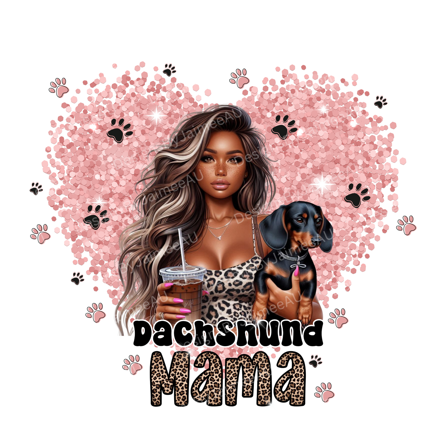 Dachshund Mama Glitter Heart/Leopard Print Digital DTF Transfer PNG Image