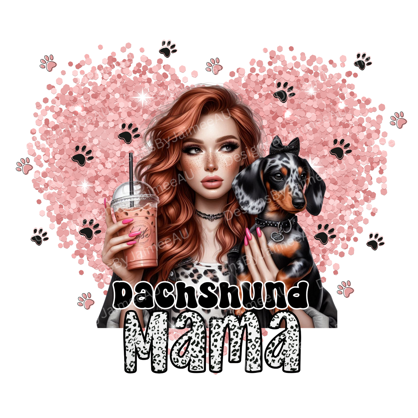 Dachshund Mama Glitter Heart/Red Head Digital DTF Transfer PNG Image