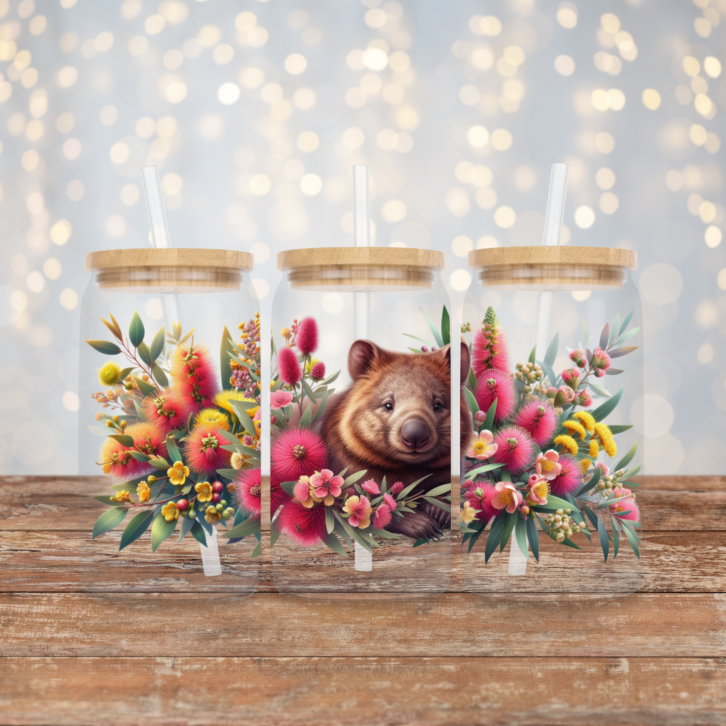 Wombat with Red and Yellow Aussie Native Flowers Digital Download 16oz UV DTF Transfer Wrap PNG Image