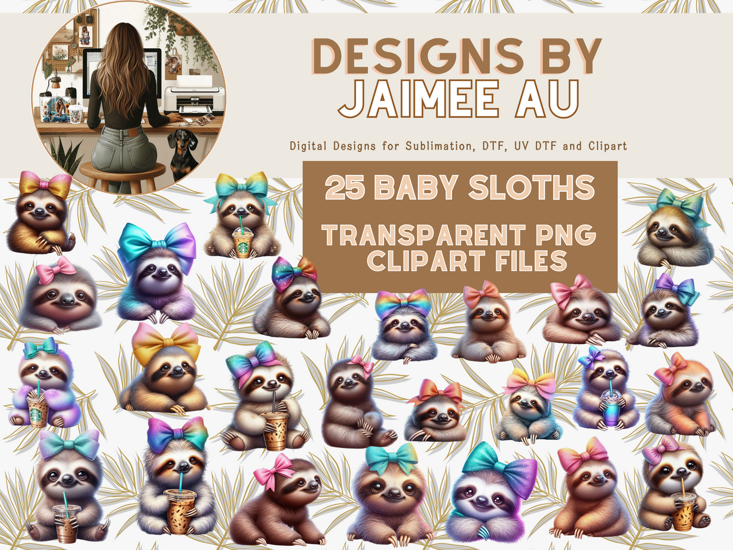 25 Baby Sloths with Bows and Ice Coffee Digital Transparent Clipart Images
