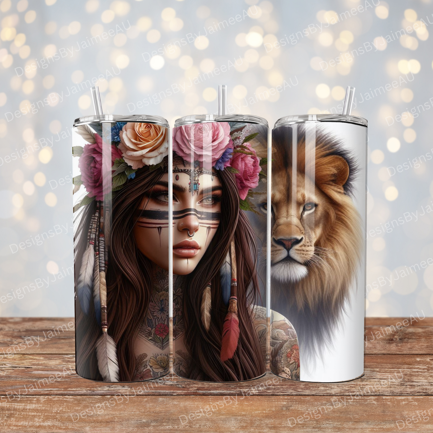 Lion, Warrior Woman, Flower Crown (Fierce Collection) Digital 20oz Sublimation Tumbler Wrap