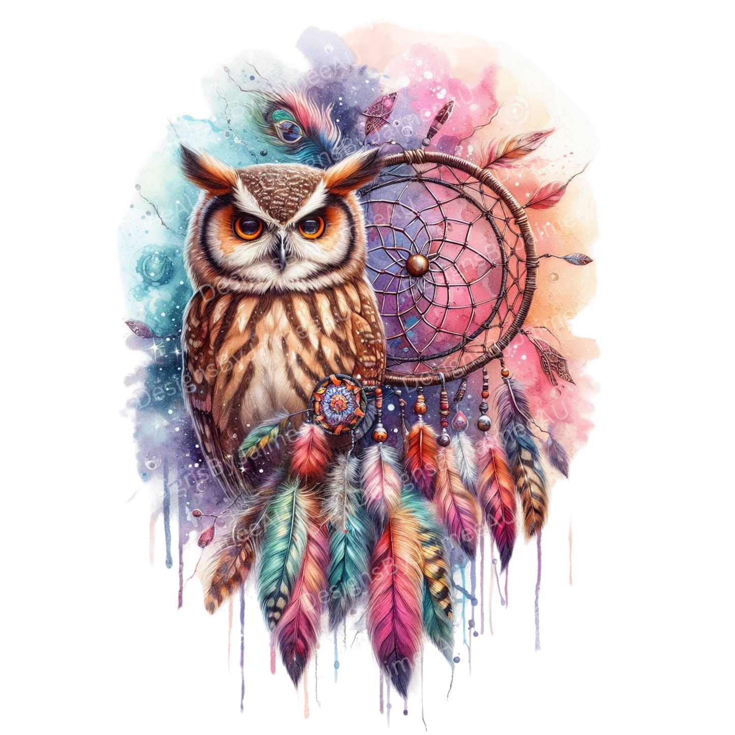Vibrant Watercolour Owl and Dream Catcher Digital DTF Transfer PNG Image