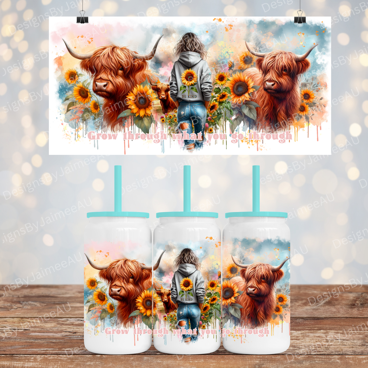 Watercolour Highland Cows - Affirmation Hoodie Digital 16oz Sublimation Design