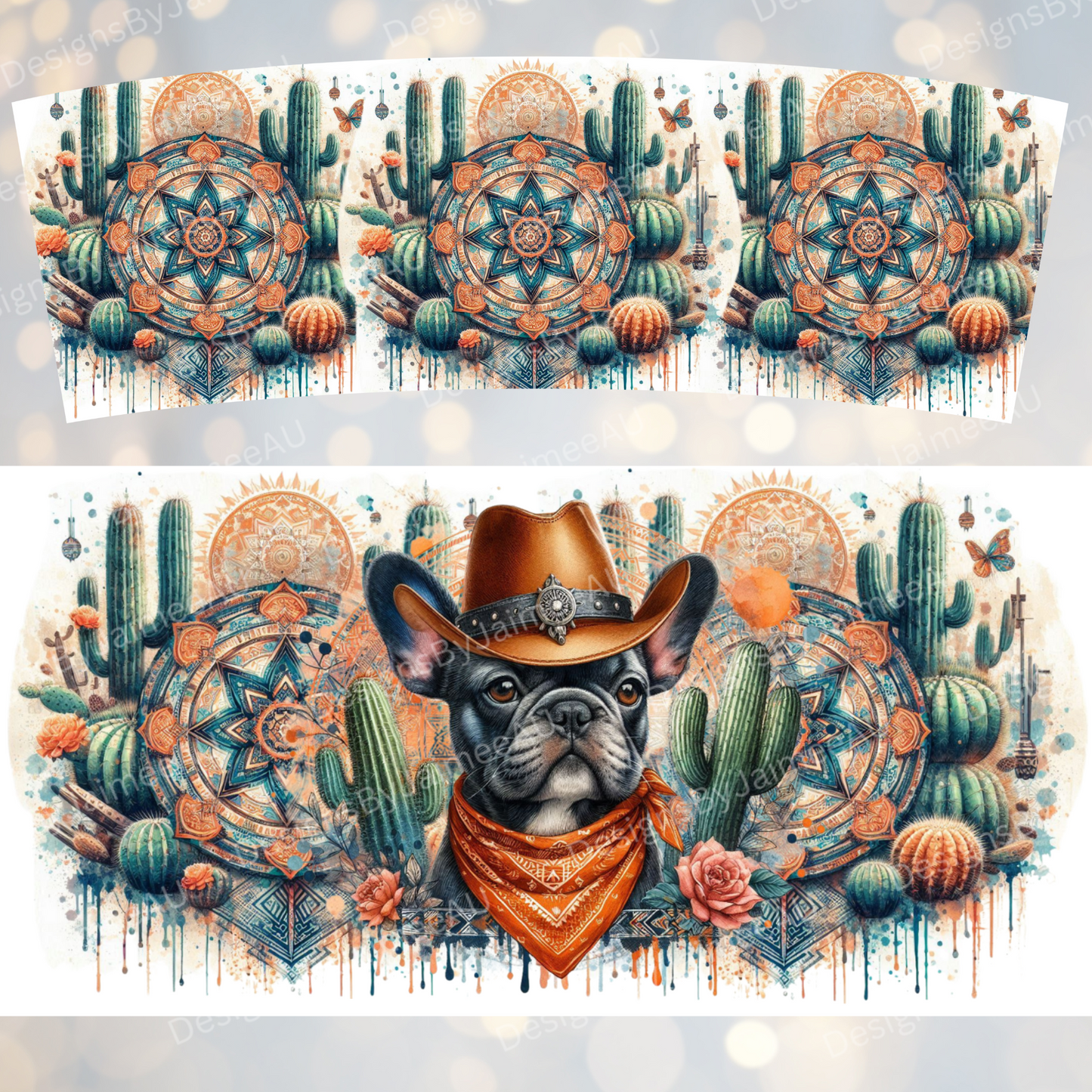 Orange Country/Western Themed Frenchie 40oz Digital Sublimation Tumbler Wrap