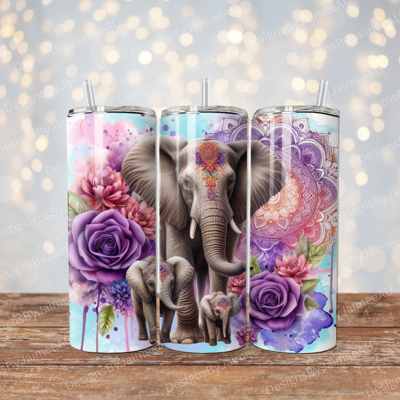 Purple Watercolour Elephants #1 Digital 20oz Sublimation Tumbler Wrap
