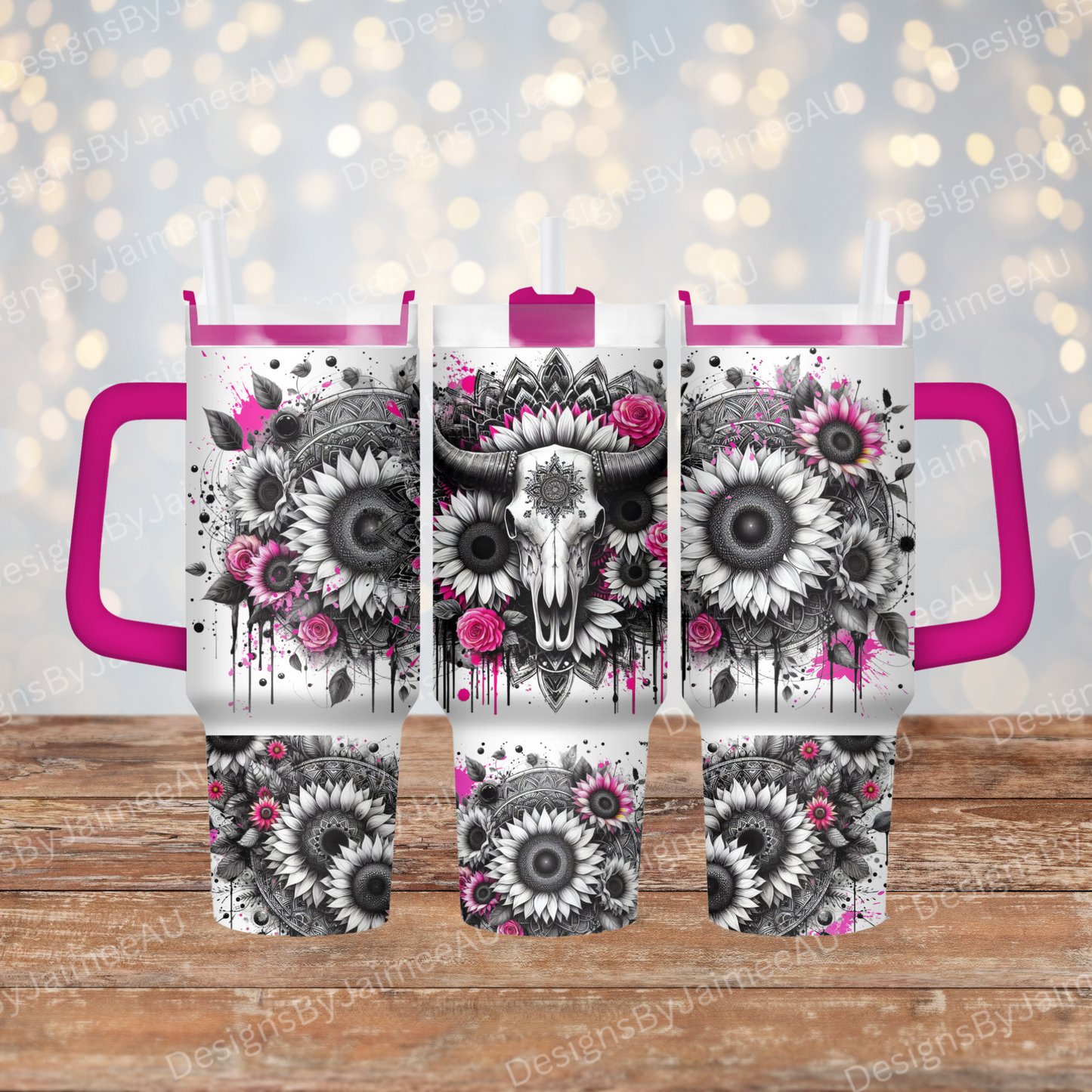 Black and White Bull Skull with Pops of Pink 40oz Digital Sublimation Tumbler Wrap