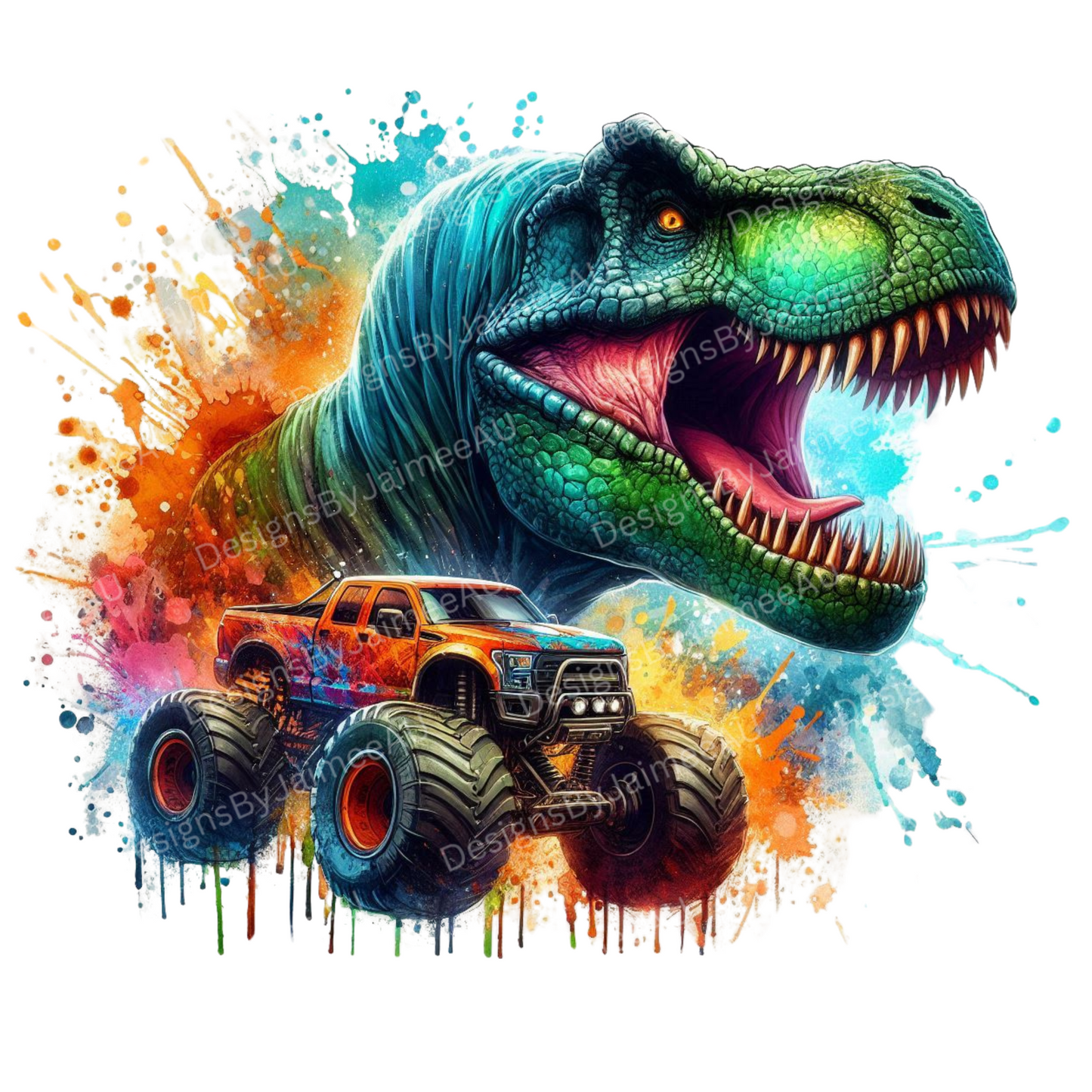 Vibrant Watercolour T-Rex and Monster Trucks #1 Digital DTF Transfer PNG Image