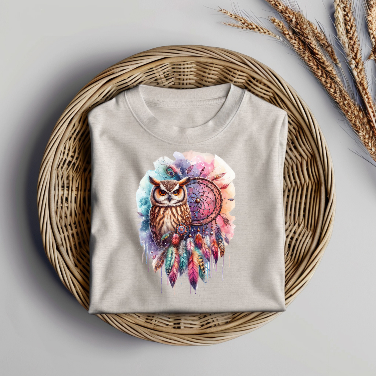 Vibrant Watercolour Owl and Dream Catcher Digital DTF Transfer PNG Image