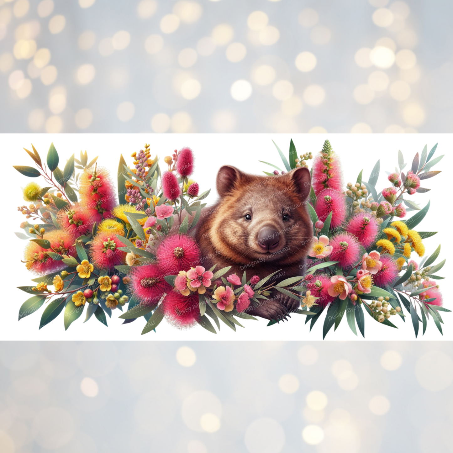 Wombat with Red and Yellow Aussie Native Flowers Digital Download 16oz UV DTF Transfer Wrap PNG Image
