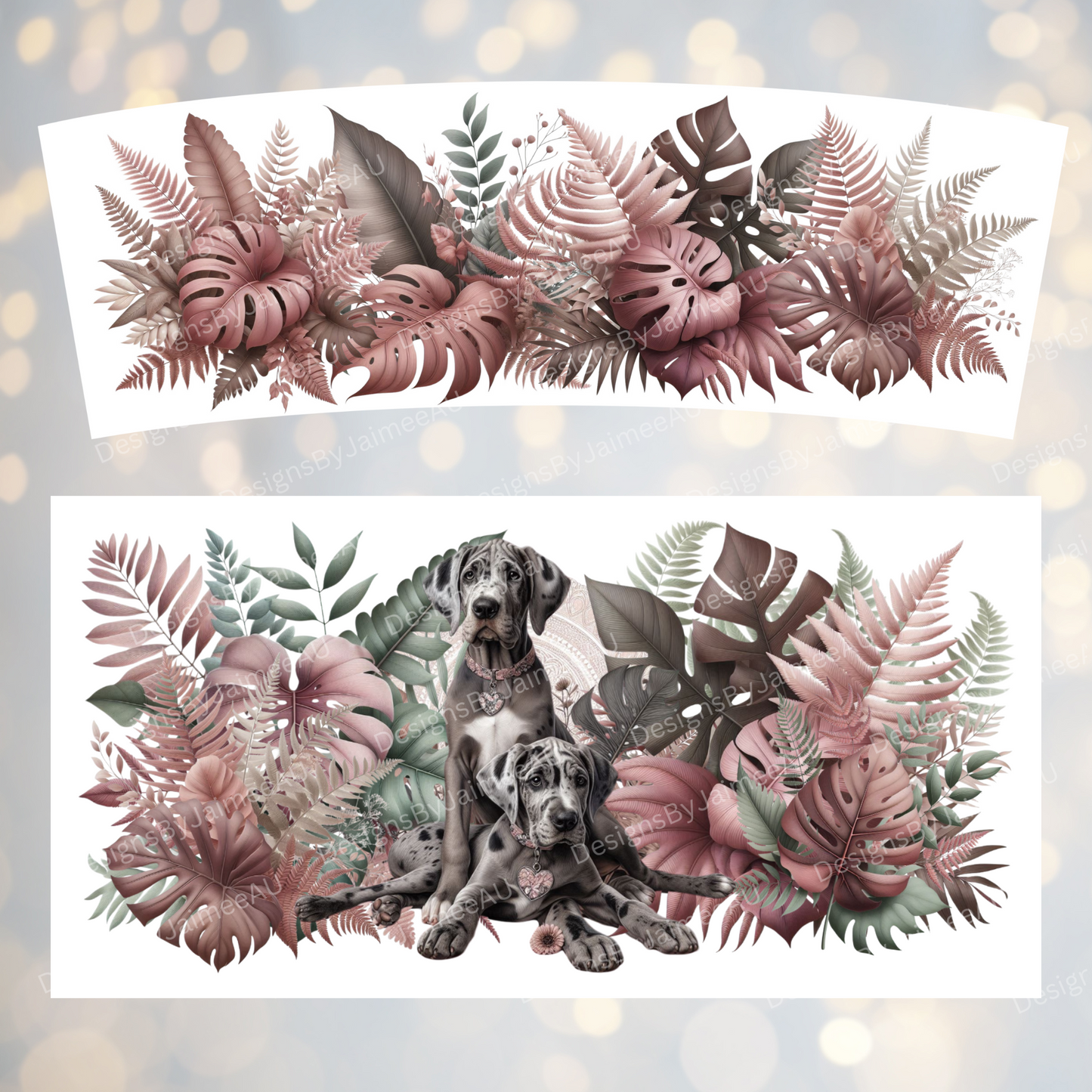 Great Dane, Earthy Pinks and Browns Tropical Leaves 40oz Digital Sublimation Tumbler Wrap