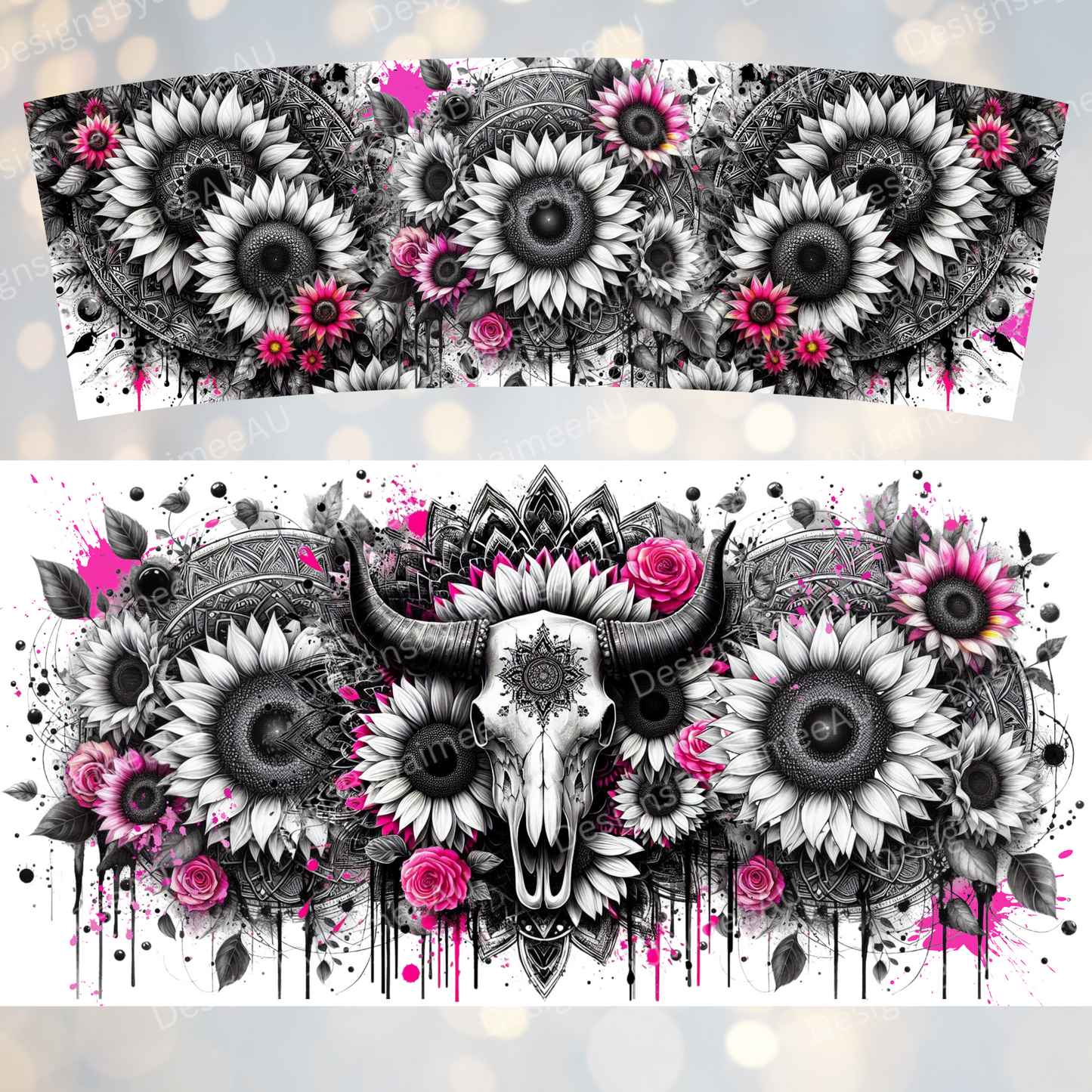 Black and White Bull Skull with Pops of Pink 40oz Digital Sublimation Tumbler Wrap