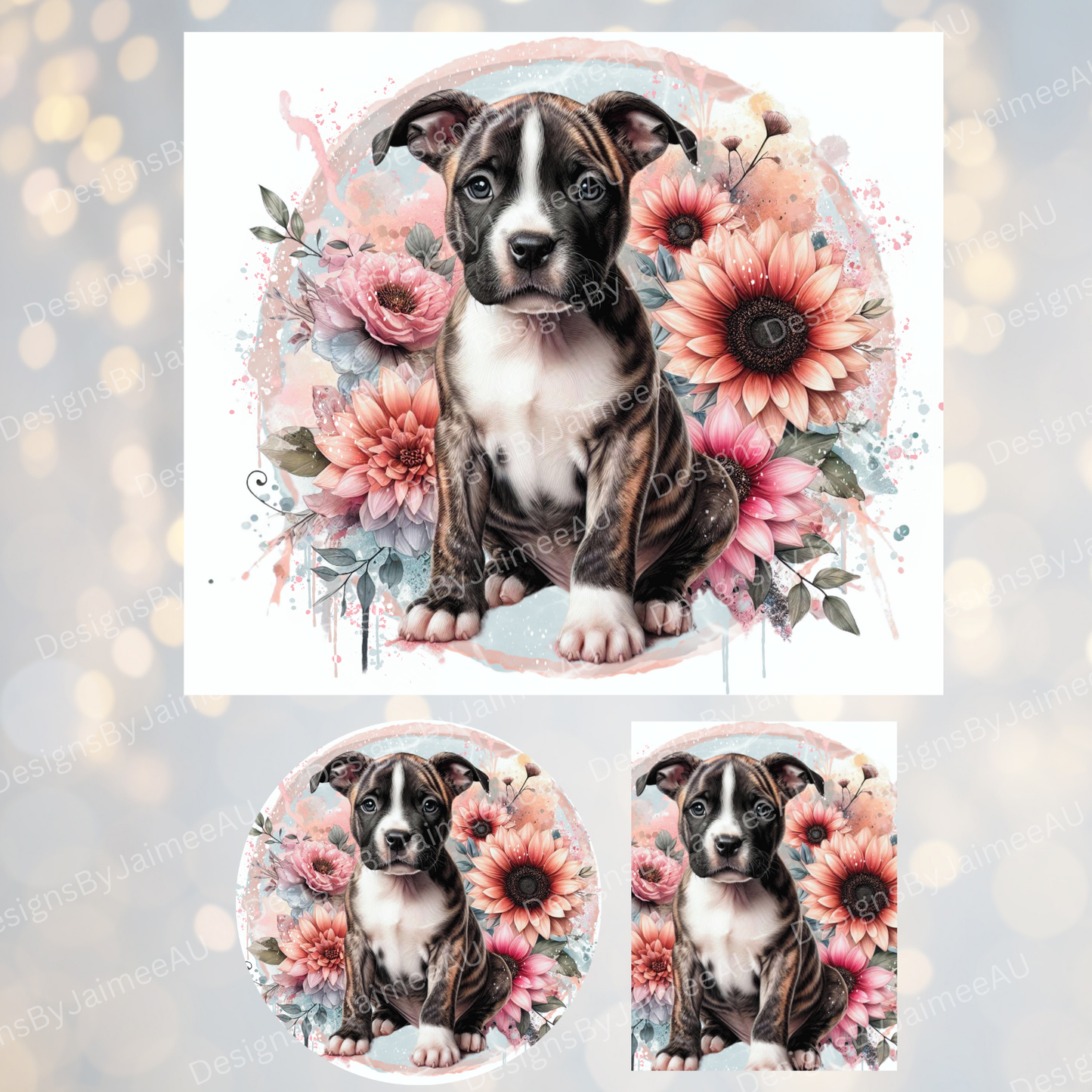 Pastel Watercolour Brindle Staffy #1 - Sunflowers Set - Includes Digital 20oz Sublimation Tumbler Wrap, Car Coaster and Air Freshener Designs