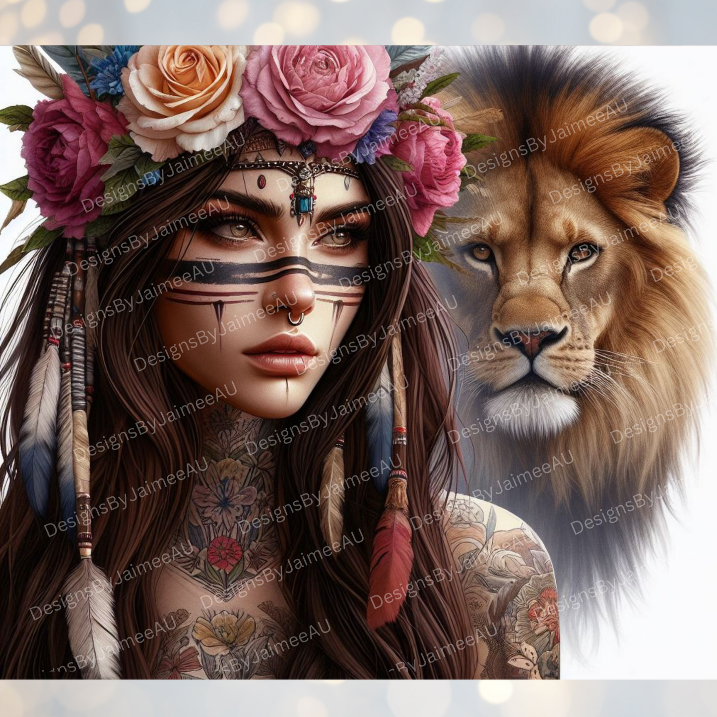 Lion, Warrior Woman, Flower Crown (Fierce Collection) Digital 20oz Sublimation Tumbler Wrap