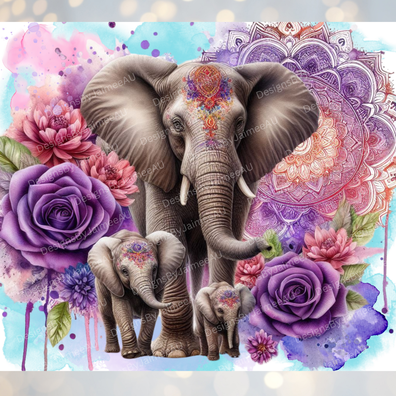 Purple Watercolour Elephants #1 Digital 20oz Sublimation Tumbler Wrap