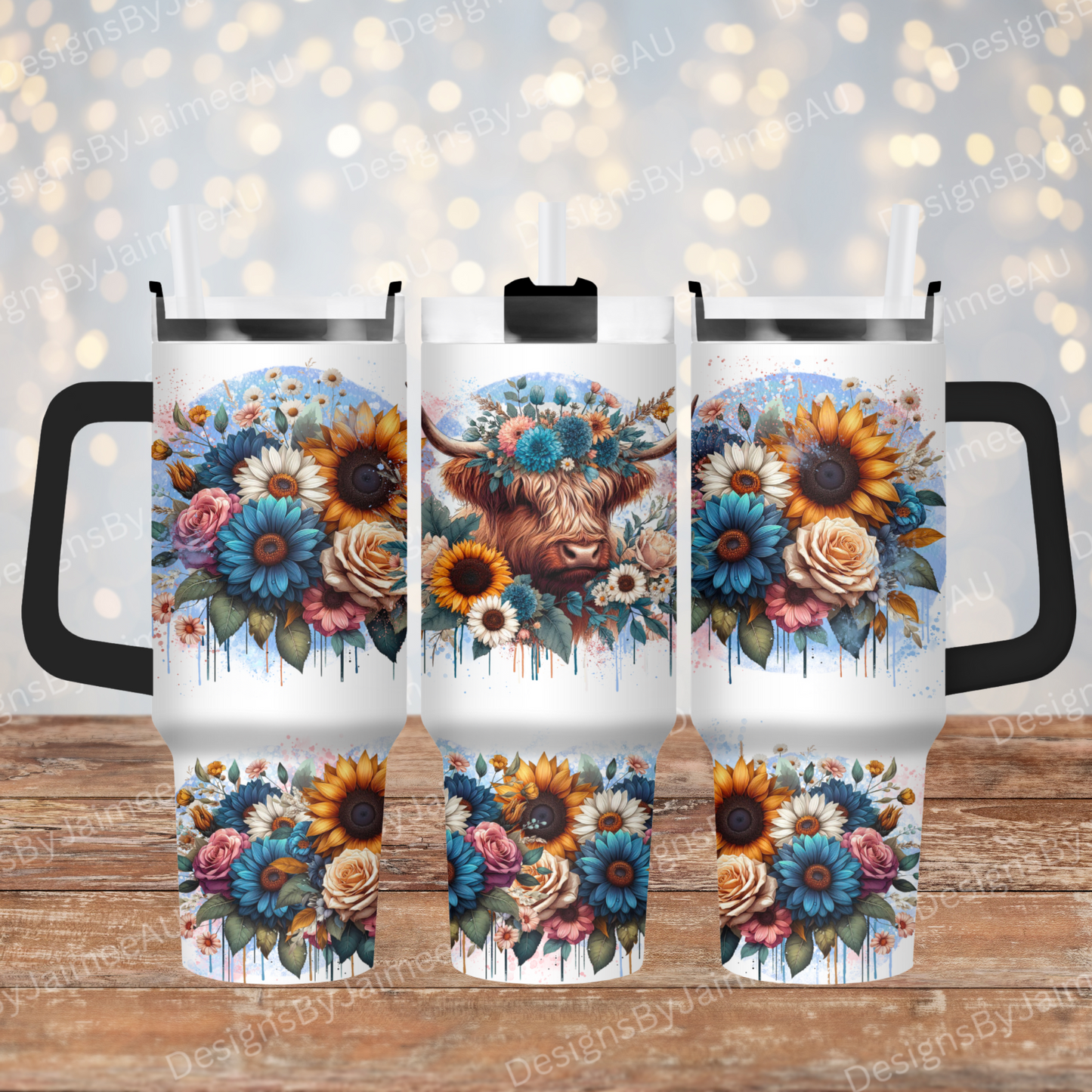 Boho Blue Highland Cow - 40oz Digital Sublimation Tumbler Wrap