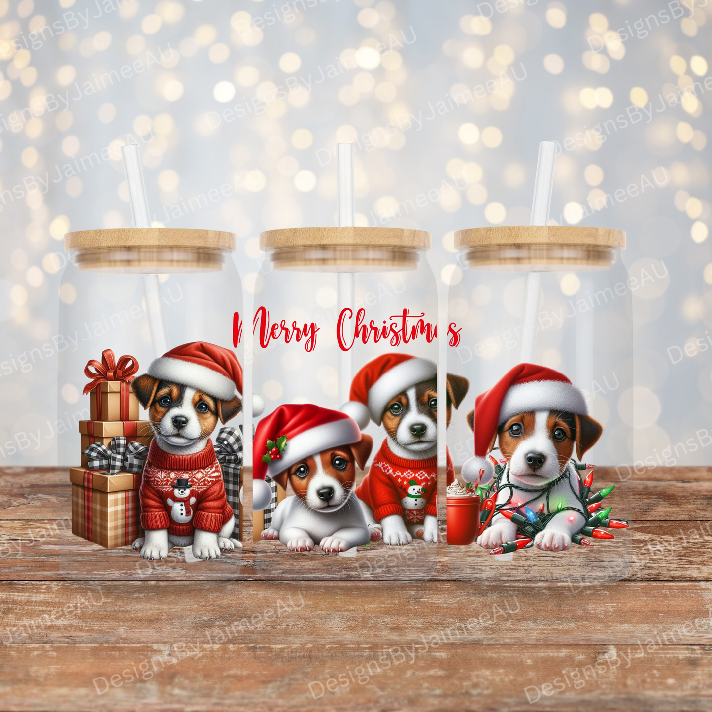 Christmas Jack Russles 16oz UV DTF Transfer Wrap PNG Image