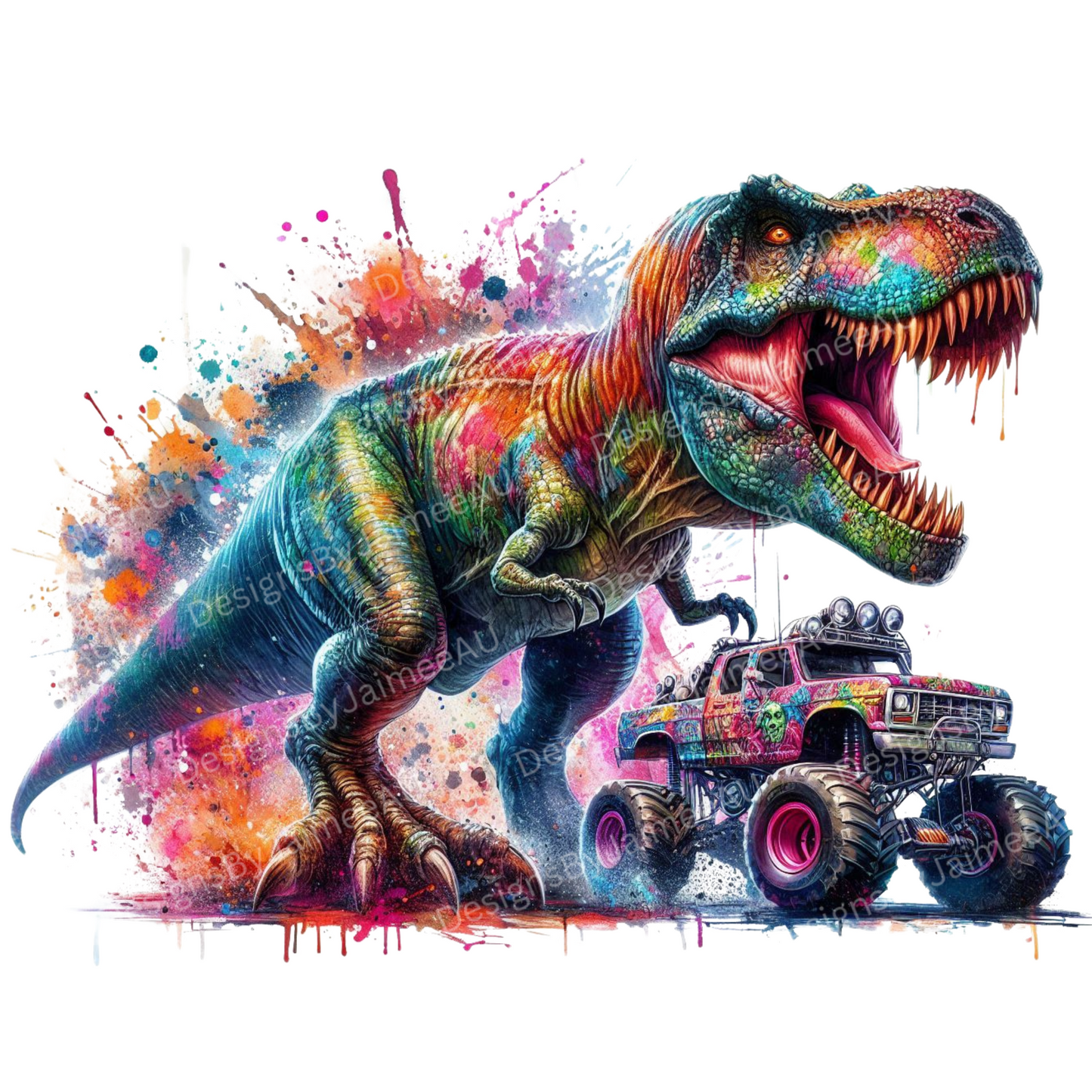 Vibrant Watercolour T-Rex and Monster Trucks #2 Digital DTF Transfer PNG Image