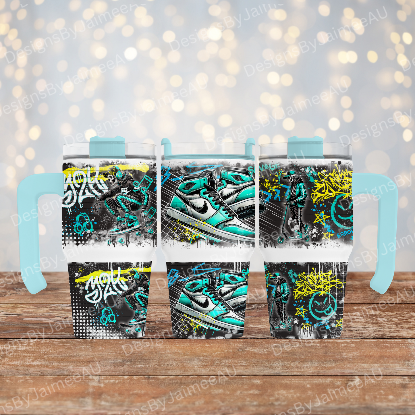 Aqua Graffiti Styled Skeleton- Digital 20oz Tumbler with Handle Wrap Design