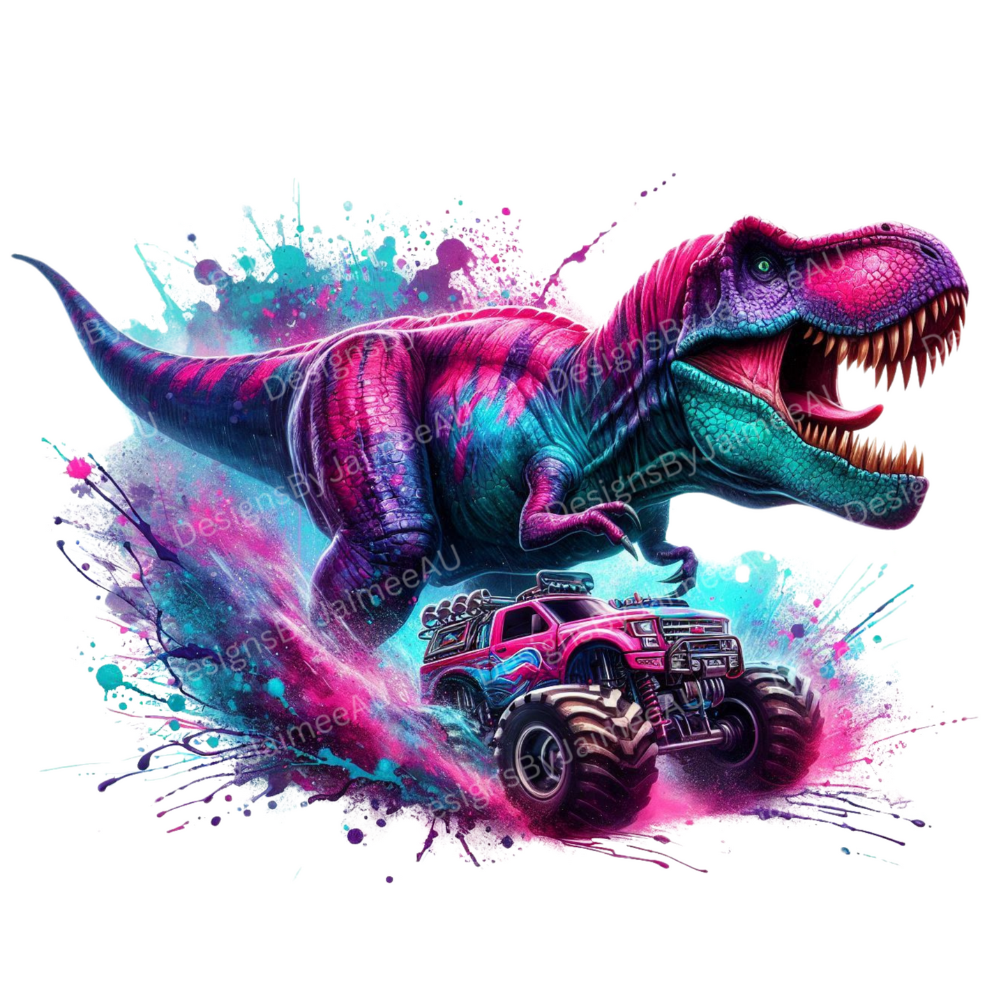 Vibrant Watercolour T-Rex and Monster Trucks #3 PINK/AQUA Digital DTF Transfer PNG Image