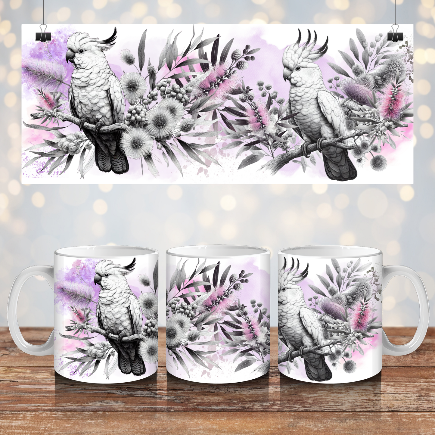 Black and White Cockatoo, with Pastel Purple Watercolours - Digital 11oz Sublimation Coffee Mug Design