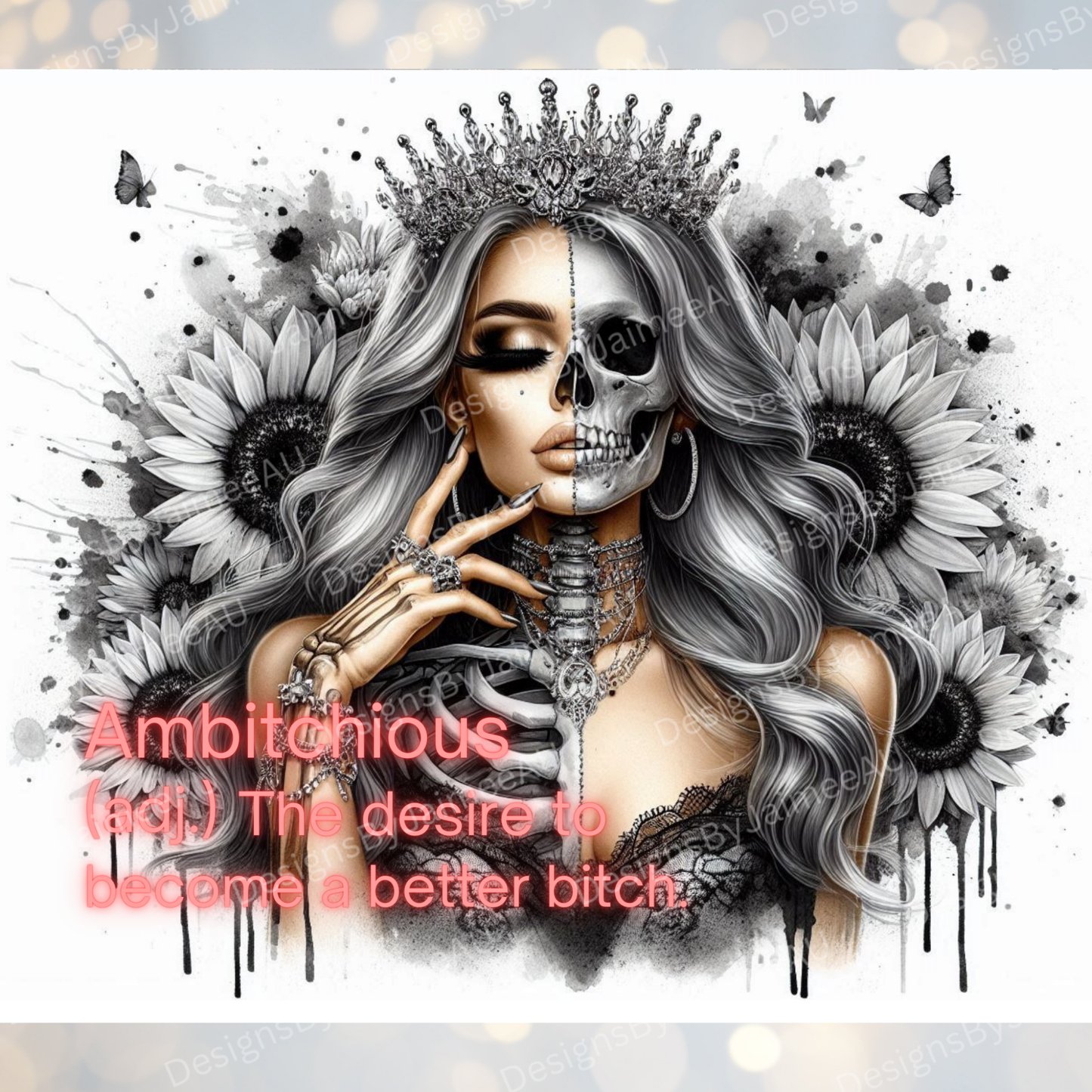 Ambitchious Queen - Half Skeleton, Half Woman Digital 20oz Sublimation Tumbler Wrap