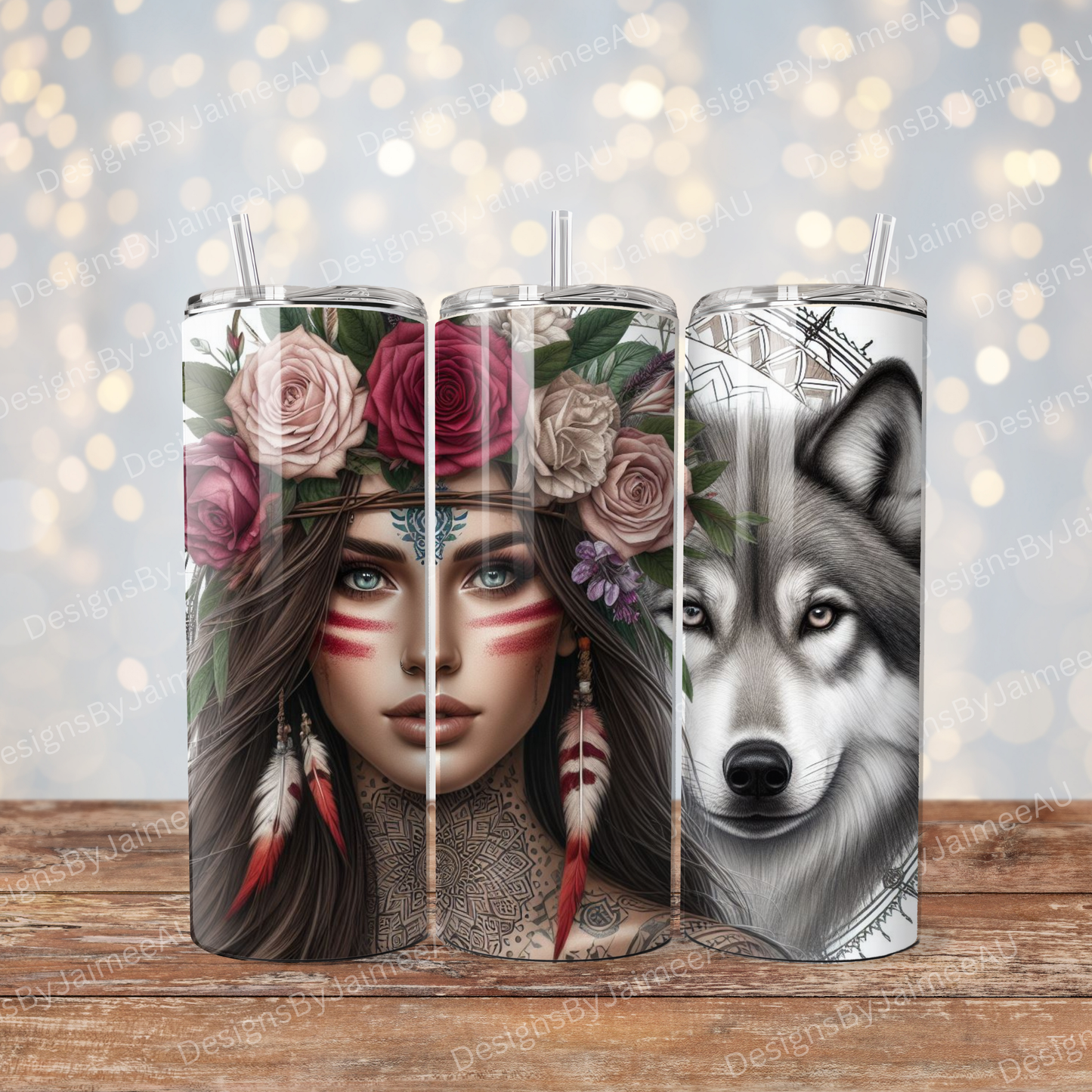 Warrior Woman, Wolf, Flower Crown (Fierce Collection) Digital 20oz Sublimation Tumbler Wrap
