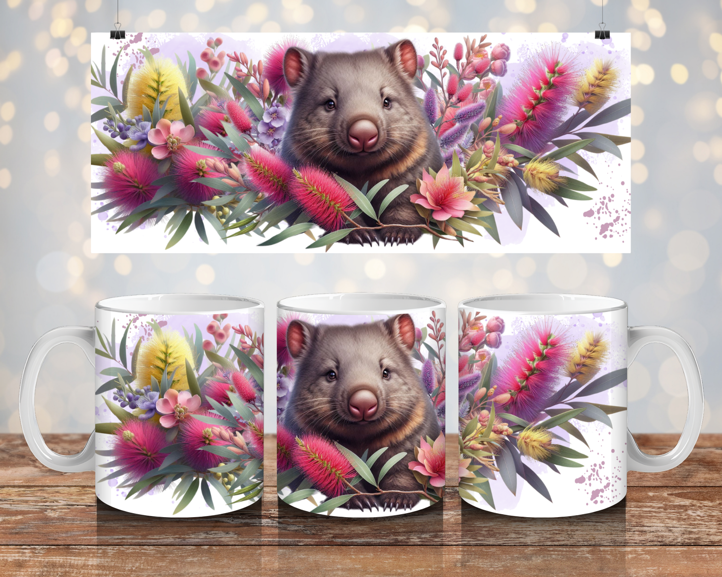 Wombat and Aussie Natives - Digital 11oz Sublimation Coffee Mug Design