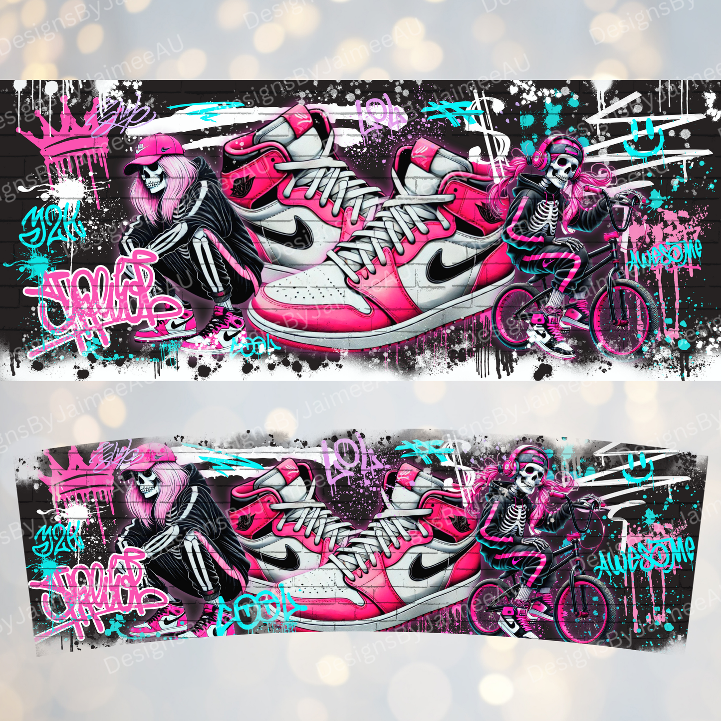 Hot Pink Graffiti Inspired Skeletons - Digital 30oz Sublimation Tumbler Wrap