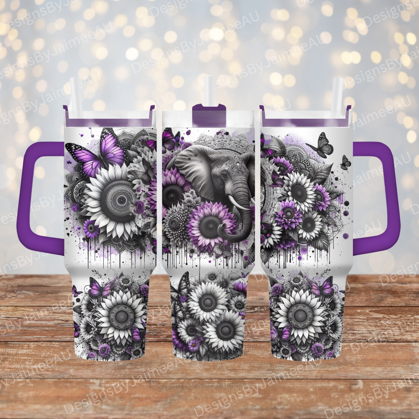 Black and White Elephant with Pops of Purple 40oz Digital Sublimation Tumbler Wrap