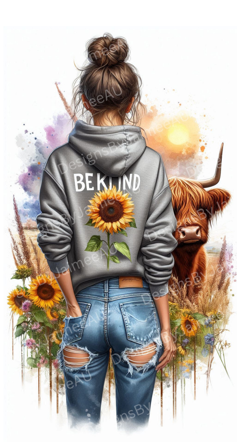 Grey Hoodie "Be Kind" - Daily Affirmations with Watercolour Highland Cow #1 Digital Phone Case Design