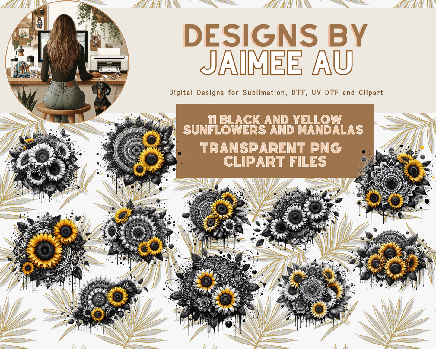 11 Black and White Sunflower Mandala Designs with Pops Of Yellow Digital Transparent Clipart Images