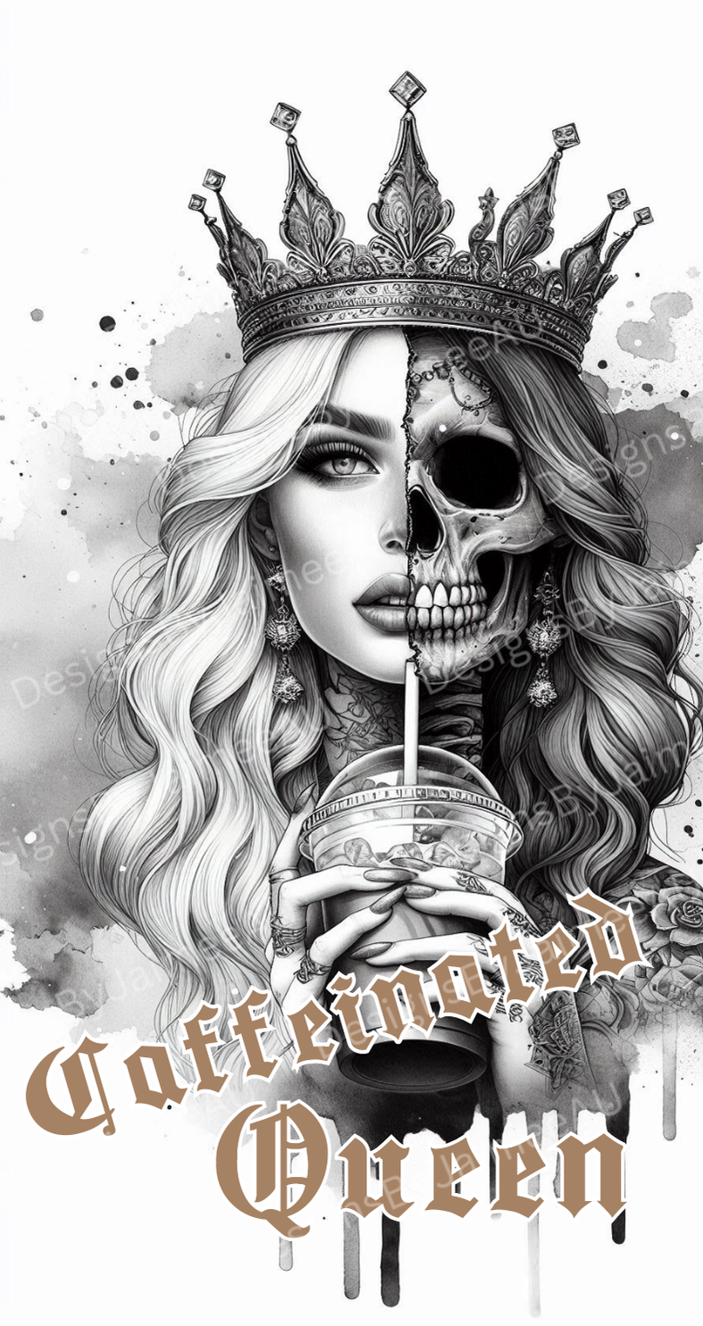 Black and White "Caffeinated Queen" Digital Phone Case Design