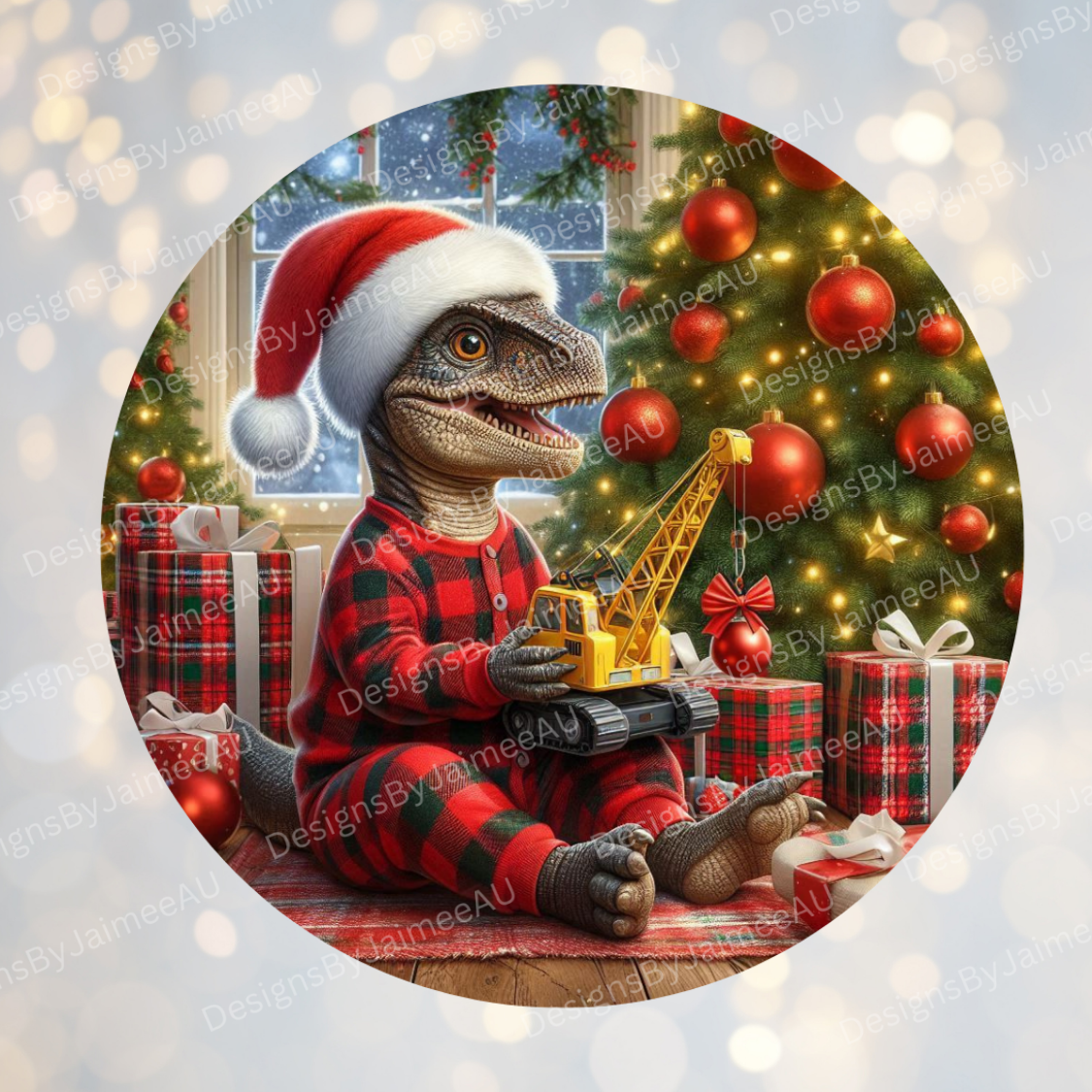 Christmas Dinosaur #5 (Construction Themed) Digital Sublimation Ornament Design