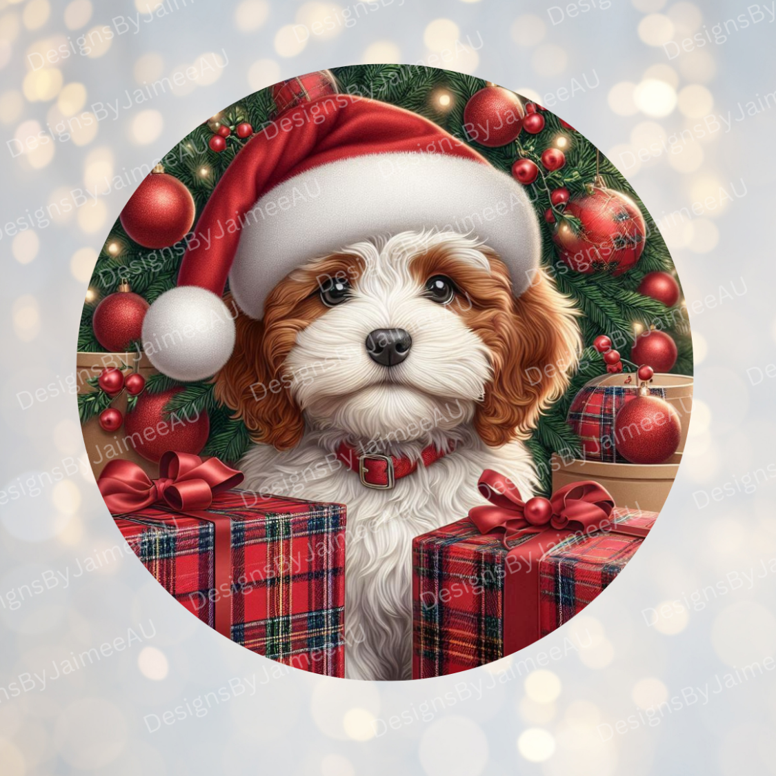Christmas White with Brown Patches Cavoodle Digital Sublimation Ornament Design